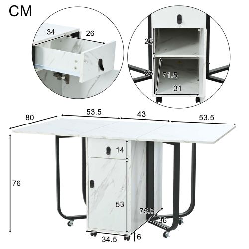 Table à Manger Pliante Avec Rangement Et 2 Tiroirs, 4 Pieds De Support, Avec Poulie, Blanc Et Noir