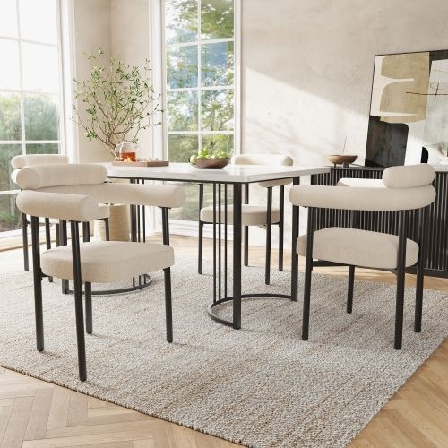 Lot De 6 Chaises De Salle à Manger En Tissu Suédé Beige, Sièges En Anneau, Moderne Et Simple