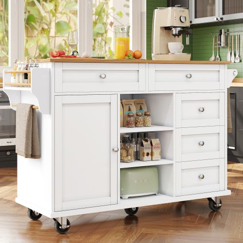 Desserte De Cuisine Blanche Avec 5 Tiroirs, Conception à Double Usage Mobile Et Fixe