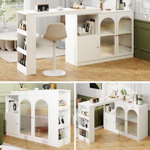 Table De Bar Pivotante à 360°,120x40x97 Cm, Rangement Multifonctionnel Avec Porte Vitrée, Blanc