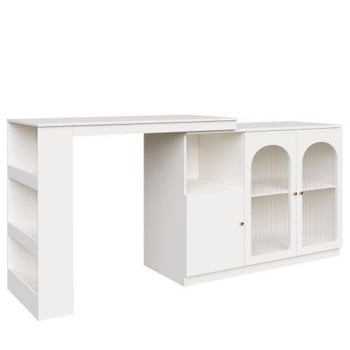 Table De Bar Pivotante à 360°,120x40x97 Cm, Rangement Multifonctionnel Avec Porte Vitrée, Blanc