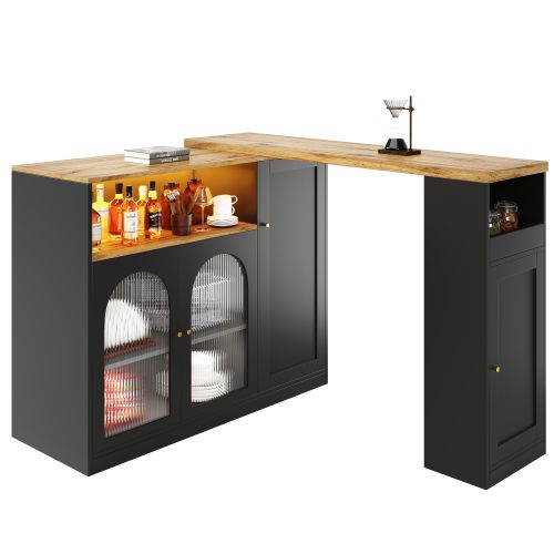 Table De Bar Pivotante à 360°, 198x39,6x97 Cm, Avec Porte Vitrée Et LED, Cave à Vin, Noir