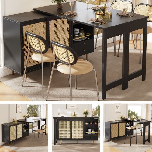 Table De Bar Pivotante à 360°, 107x40x71,4 Cm, Table De Bar Extensible Avec Porte En Rotin, Noir