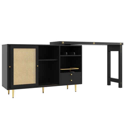 Table De Bar Pivotante à 360°, 107x40x71,4 Cm, Table De Bar Extensible Avec Porte En Rotin, Noir