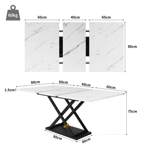 Table à Manger Extensible 120-160x80 Cm, Pieds En Fer Croisés Noirs, Plateau En Mdf Blanc