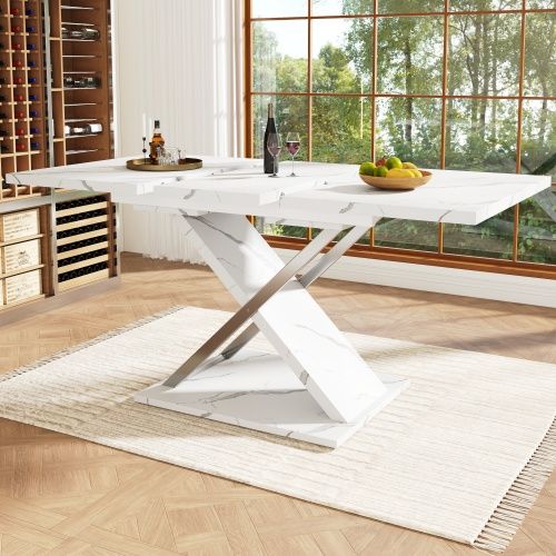 Table à Manger Extensible Blanc 118-157x75x76.4 Cm Avec Pieds Croisés