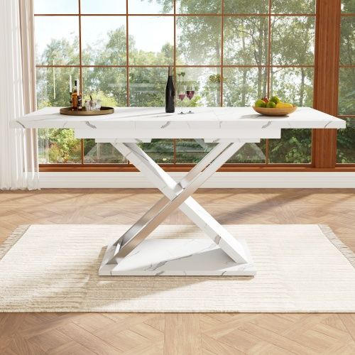 Table à Manger Extensible Blanc 118-157x75x76.4 Cm Avec Pieds Croisés