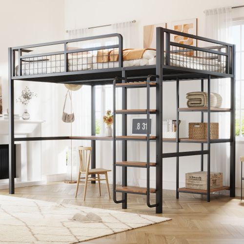 Lit Mezzanine 140x200 Cm En Métal, Lit Adulte, Avec Table Et Étagères, Échelle Avec Marches, Noir