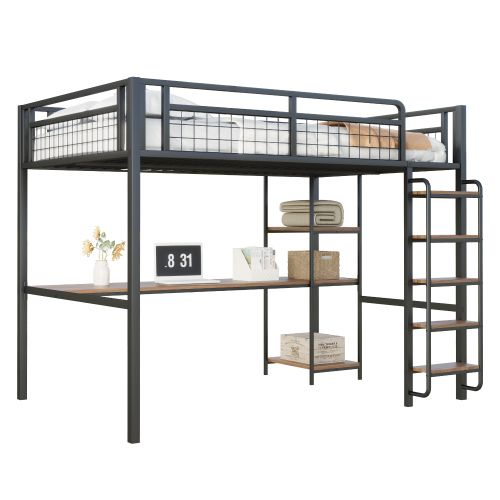 Lit Mezzanine 140x200 Cm En Métal, Lit Adulte, Avec Table Et Étagères, Échelle Avec Marches, Noir