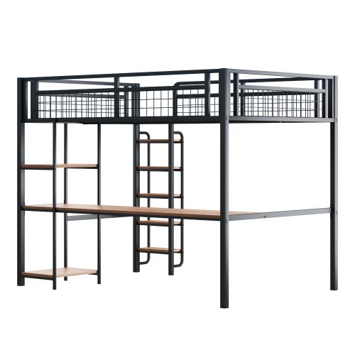Lit Mezzanine 140x200 Cm En Métal, Lit Adulte, Avec Table Et Étagères, Échelle Avec Marches, Noir