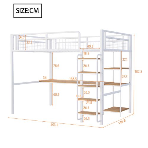Lit Mezzanine 140x200 Cm En Métal, Lit Adulte, Avec Table Et Étagères, Échelle Avec Marches, Blanc