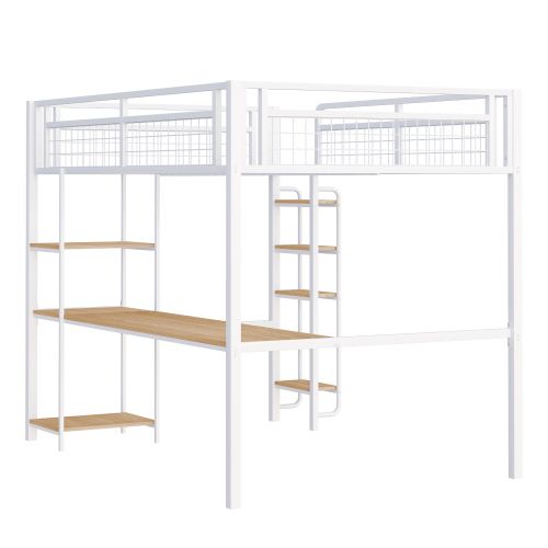 Lit Mezzanine 140x200 Cm En Métal, Lit Adulte, Avec Table Et Étagères, Échelle Avec Marches, Blanc