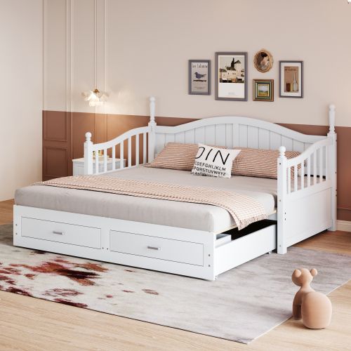 Lit Gigogne 90x190 En Bois, Avec Colonnes Romaines, Dossier Et Accoudoirs, 2 Tiroirs, Blanc