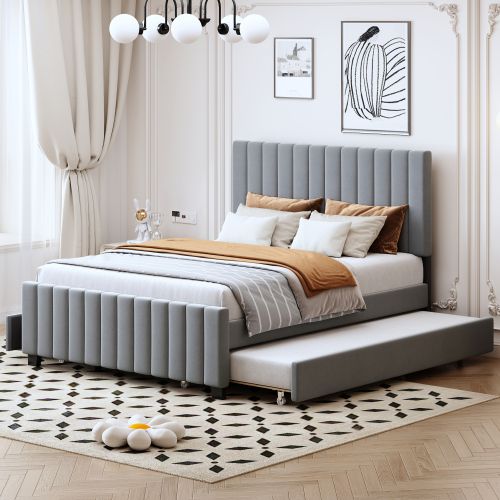 Lit Enfant 140x190 Cm Avec Lit Gigogne, 2 Tiroirs, En Tissu Velours Doux Pour La Peau, Gris