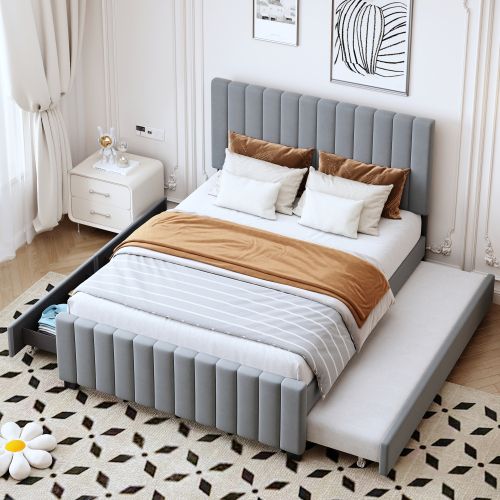 Lit Enfant 140x190 Cm Avec Lit Gigogne, 2 Tiroirs, En Tissu Velours Doux Pour La Peau, Gris