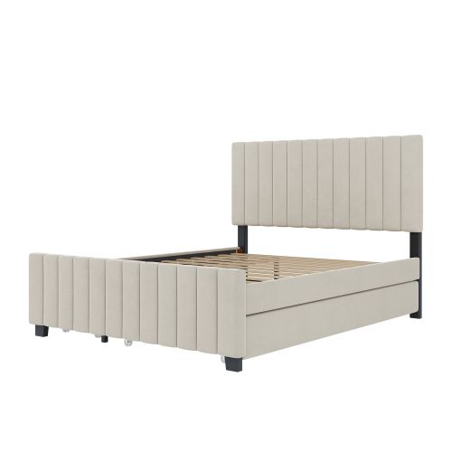 Lit Enfant 140x190 Cm Avec Lit Gigogne, 2 Tiroirs, En Tissu Velours Doux Pour La Peau, Beige
