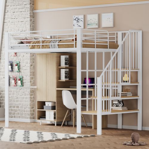 Lit Mezzanine 140x200 Cm Pour Enfants Et Adultes, Avec Escalier