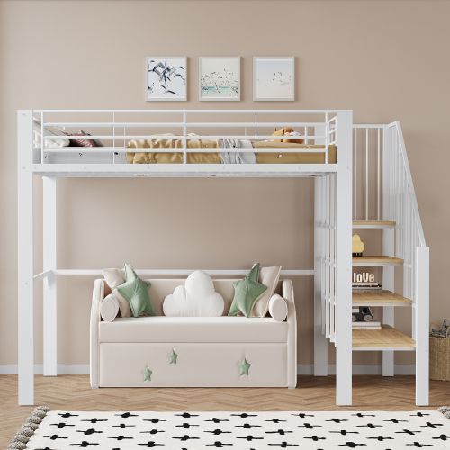 Lit Mezzanine 140x200 Cm Pour Enfants Et Adultes, Avec Escalier