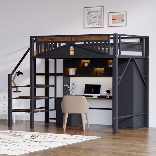 Lit Mezzanine 140x200 Cm En Métal, Lit Enfant, Avec Design De Fenêtre, Avec Échelle, Noir