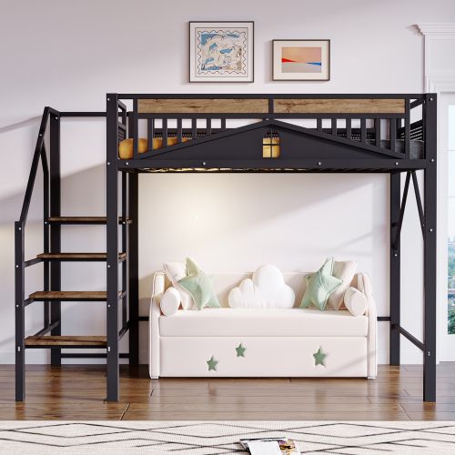 Lit Mezzanine 140x200 Cm En Métal, Lit Enfant, Avec Design De Fenêtre, Avec Échelle, Noir