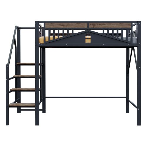 Lit Mezzanine 140x200 Cm En Métal, Lit Enfant, Avec Design De Fenêtre, Avec Échelle, Noir