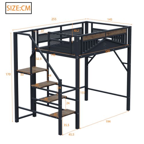 Lit Mezzanine 140x200 Cm En Métal, Lit Enfant, Avec Design De Fenêtre, Avec Échelle, Noir
