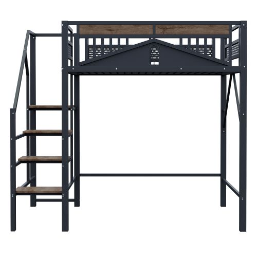 Lit Mezzanine 140x200 Cm En Métal, Lit Enfant, Avec Design De Fenêtre, Avec Échelle, Noir