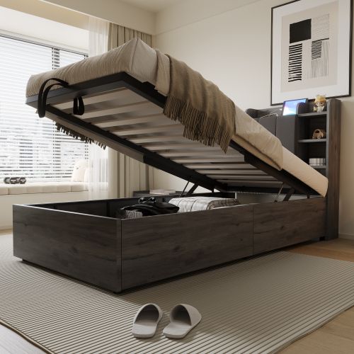 Lit coffre 90x200 Cm, Lit En Bois, Tête De Lit Avec Rangement, Prise USB Et Type-c, Gris