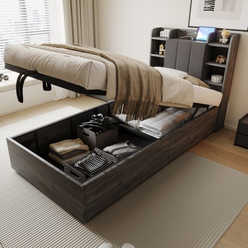 Lit coffre 90x200 Cm, Lit En Bois, Tête De Lit Avec Rangement, Prise USB Et Type-c, Gris