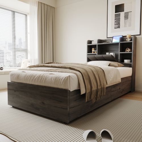Lit coffre 90x200 Cm, Lit En Bois, Tête De Lit Avec Rangement, Prise USB Et Type-c, Gris