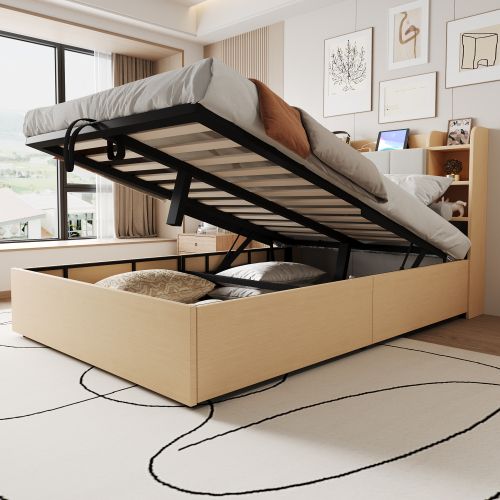 Lit Coffre 140x200 Cm, Lit En Bois, Tête De Lit Avec Rangement, Port USB Et Prise, Couleur Bois