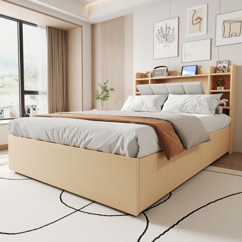 Lit Coffre 140x200 Cm, Lit En Bois, Tête De Lit Avec Rangement, Port USB Et Prise, Couleur Bois