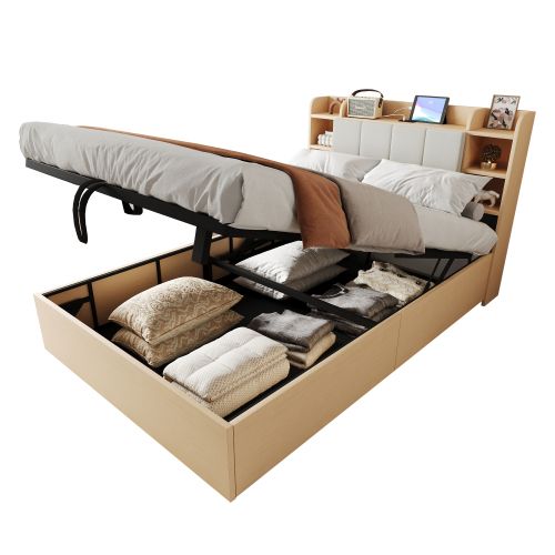 Lit Coffre 140x200 Cm, Lit En Bois, Tête De Lit Avec Rangement, Port USB Et Prise, Couleur Bois