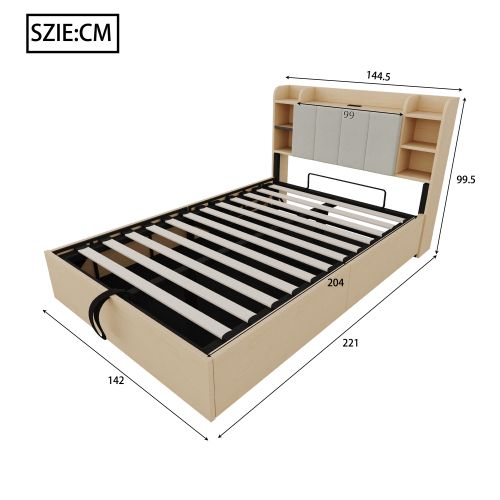 Lit Coffre 140x200 Cm, Lit En Bois, Tête De Lit Avec Rangement, Port USB Et Prise, Couleur Bois