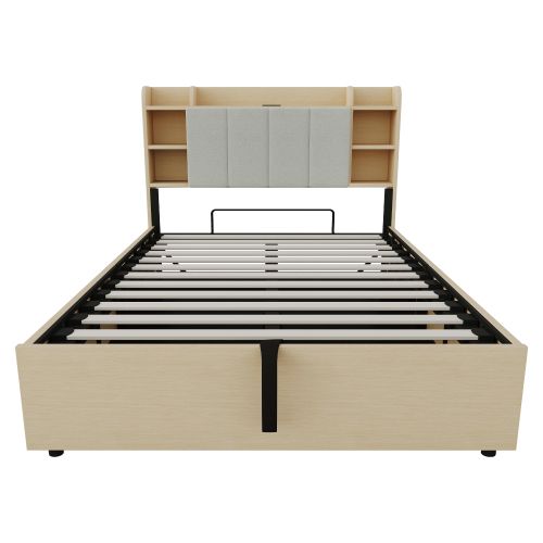 Lit Coffre 140x200 Cm, Lit En Bois, Tête De Lit Avec Rangement, Port USB Et Prise, Couleur Bois
