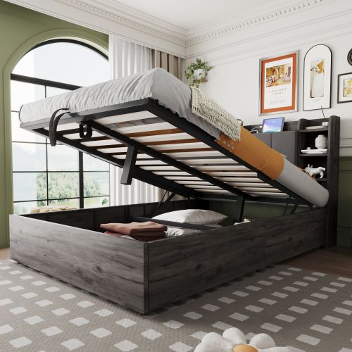 Lit Coffre 140x200 Cm, Lit En Bois, Tête De Lit Avec Rangement, Port USB Et Prise, Gris