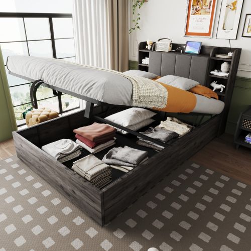 Lit Coffre 140x200 Cm, Lit En Bois, Tête De Lit Avec Rangement, Port USB Et Prise, Gris