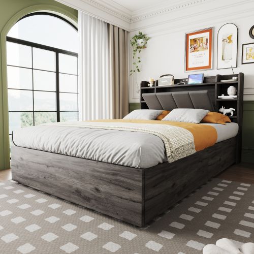 Lit Coffre 140x200 Cm, Lit En Bois, Tête De Lit Avec Rangement, Port USB Et Prise, Gris