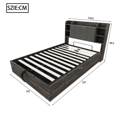 Lit Coffre 140x200 Cm, Lit En Bois, Tête De Lit Avec Rangement, Port USB Et Prise, Gris