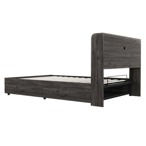 Lit Coffre 140x200 Cm, Lit En Bois, Tête De Lit Avec Rangement, Port USB Et Prise, Gris