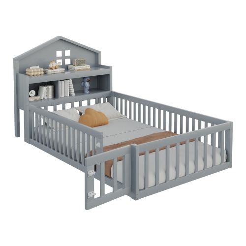 Lit Enfant 90x200 Cm, Cadre De Lit En Bois Avec Barrière De Sécurité, Étagères Et Porte, Gris