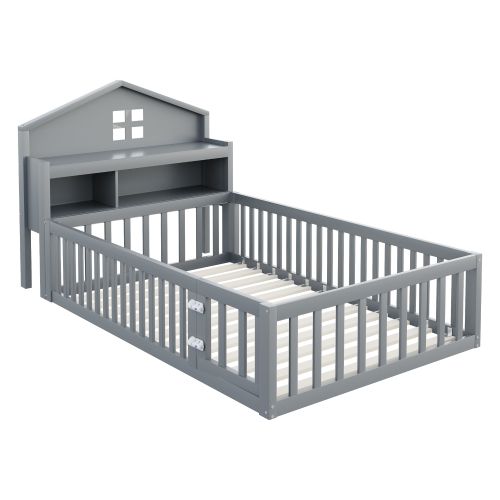 Lit Enfant 90x200 Cm, Cadre De Lit En Bois Avec Barrière De Sécurité, Étagères Et Porte, Gris