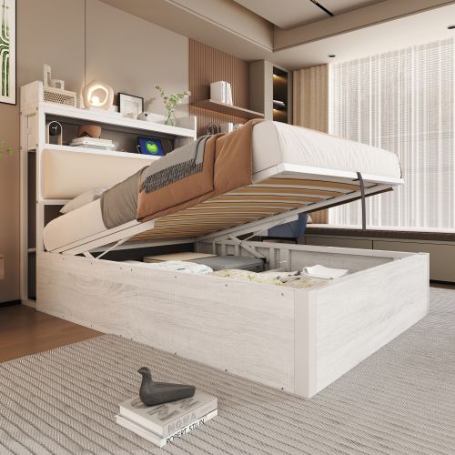 Lit Coffre 90x200 Cm Avec Tête De Lit Avec USB, Design Rétro, Couche De Rangement Cachée, Blanc