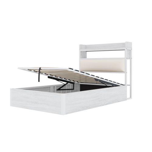 Lit Coffre 90x200 Cm Avec Tête De Lit Avec USB, Design Rétro, Couche De Rangement Cachée, Blanc