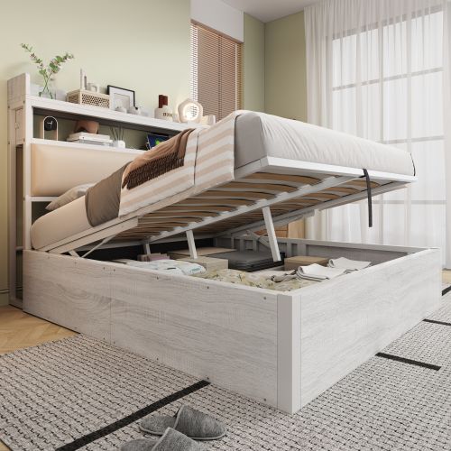 Lit Coffre 140x200 Cm, Tête De Lit Avec USB, Design Vintage, Espace De Rangement Caché, Blanc