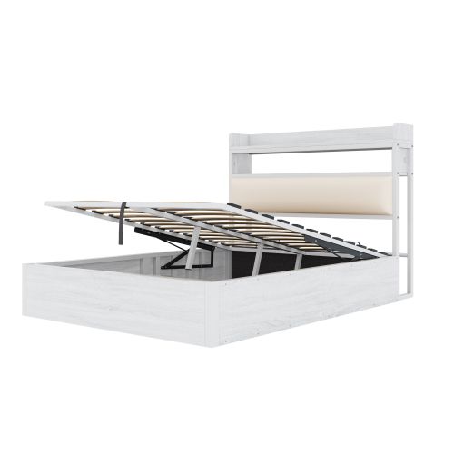 Lit Coffre 140x200 Cm, Tête De Lit Avec USB, Design Vintage, Espace De Rangement Caché, Blanc