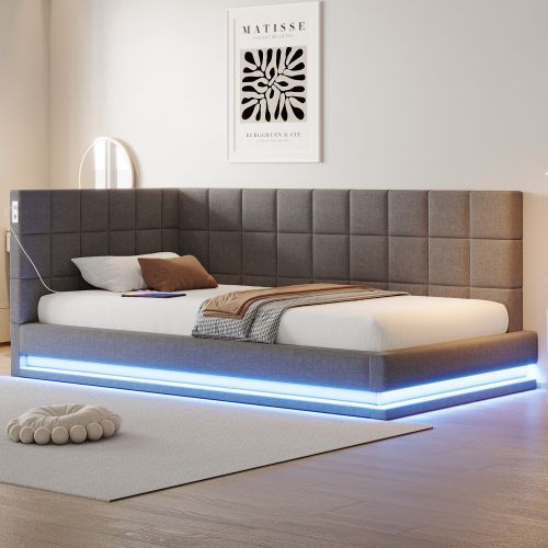 Lit Enfant 90x200 Cm Avec Bande Lumineuse LED, Prise USB Et Sommier à Lattes, En Lin, Gris