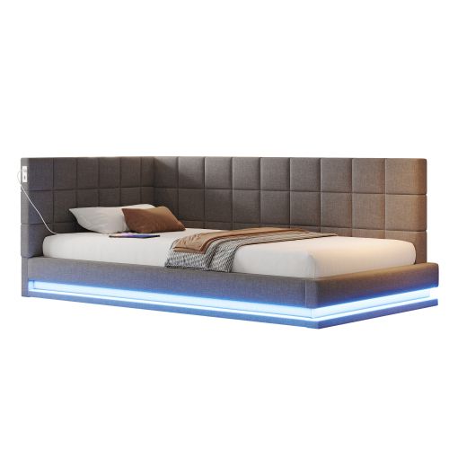Lit Enfant 90x200 Cm Avec Bande Lumineuse LED, Prise USB Et Sommier à Lattes, En Lin, Gris