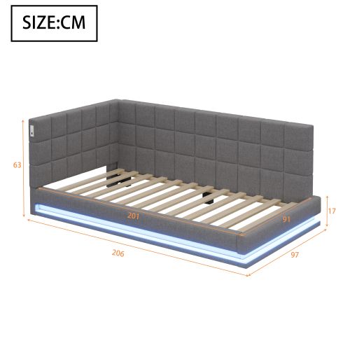 Lit Enfant 90x200 Cm Avec Bande Lumineuse LED, Prise USB Et Sommier à Lattes, En Lin, Gris