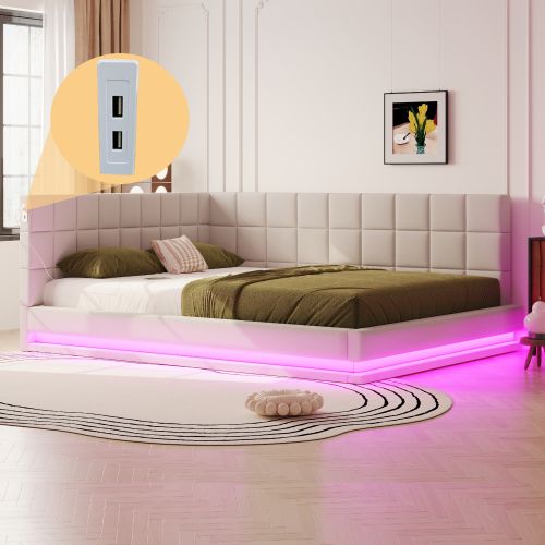 Lit Adulte 160x200 Cm Avec Bande Lumineuse LED, Port USB Et Sommier à Lattes, En Lin, Beige